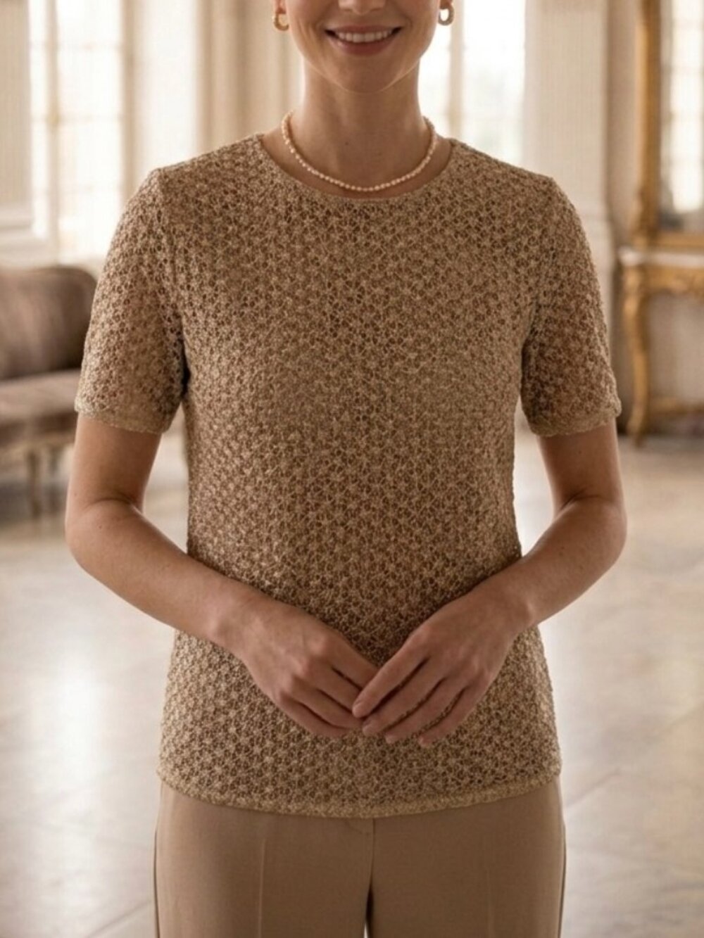 Diane von Furstenberg Brylee Gold Metallic Lace Top Size Small Quiet Luxury Glam